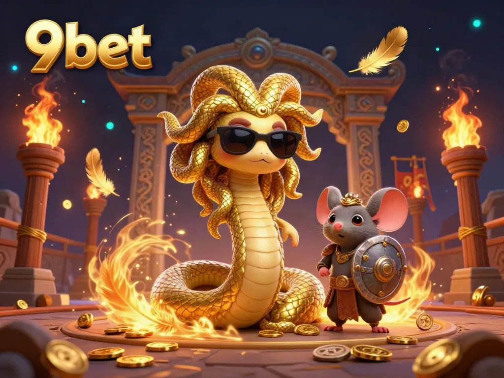 Engage in thrilling bets at 9bet with a fun and vibrant 3D illustration featuring Medusa and a warrior mouse.