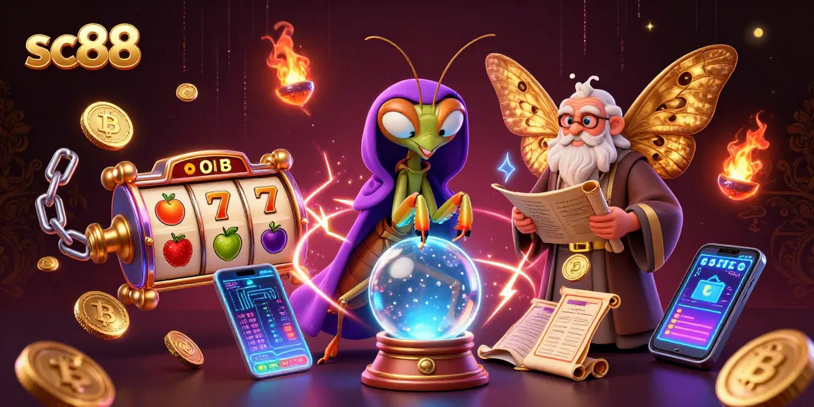 Win big at SC88 with vibrant 3D illustrations of thrilling slot games and crypto elements.