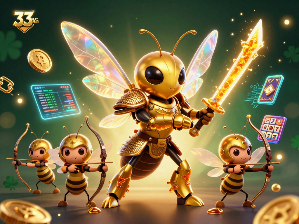 Engage with 33Win's vibrant casino scene featuring a golden hornet samurai and crypto elements.