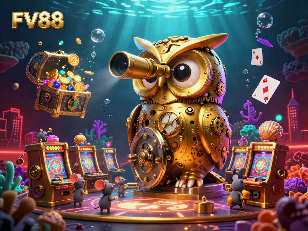 Experience the thrill of gambling with FV88 in a vibrant 3D casino scene featuring whimsical characters.