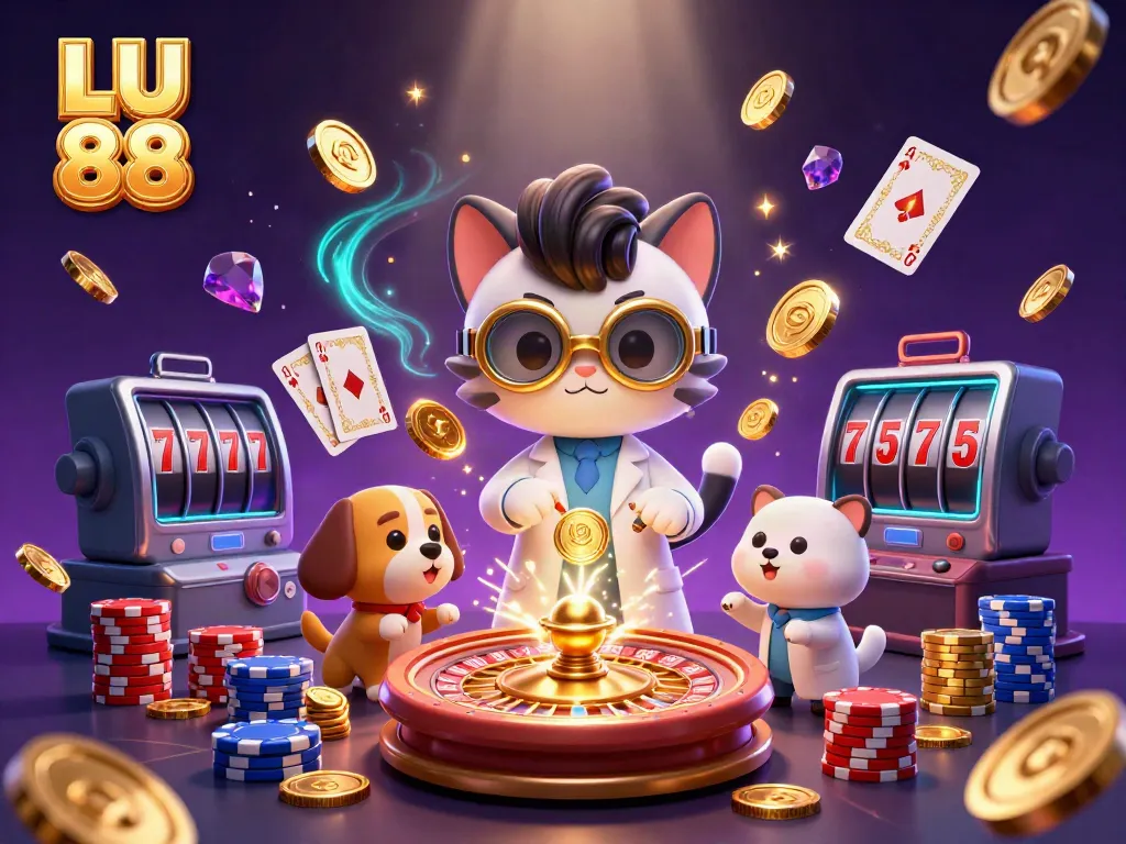Engage in thrilling gameplay at LU 88 with a vibrant scene of a mad scientist cat and dog amidst cascading gold coins.