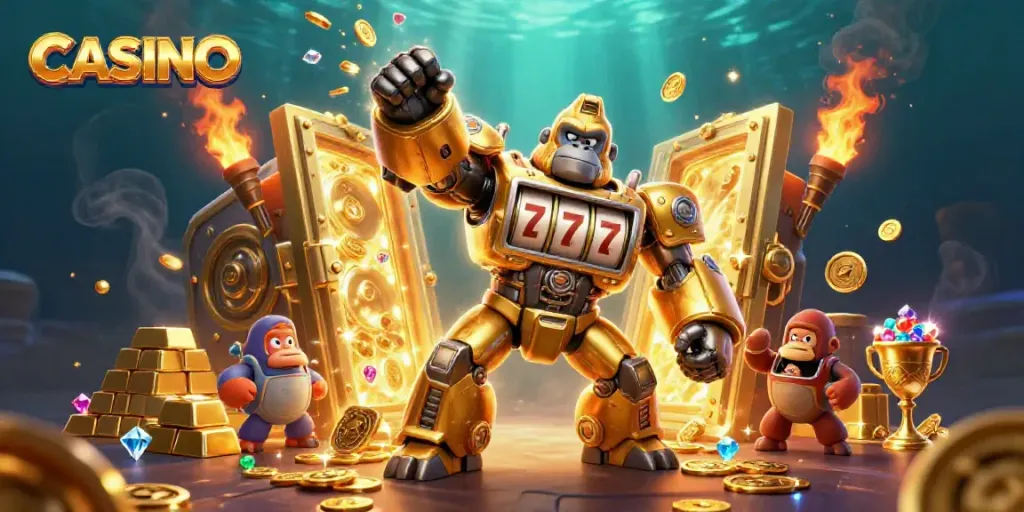 Engage with the CASINO adventure featuring golden mech and treasure elements.