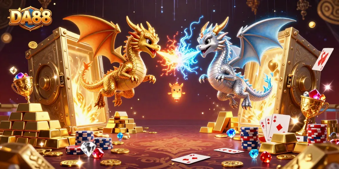 DA88 dragons defend the treasure in a vibrant casino scene with gold and poker elements.