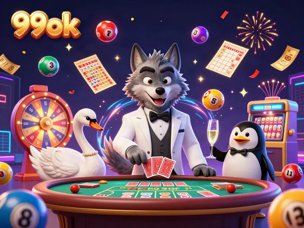 Engage with exciting games at 99ok, featuring a lively scene with gambling characters and dynamic casino elements.