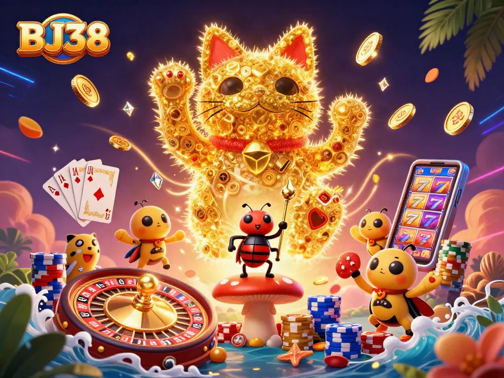 BJ38 showcases a dynamic scene with a lucky cat and casino elements for an exciting gambling experience.