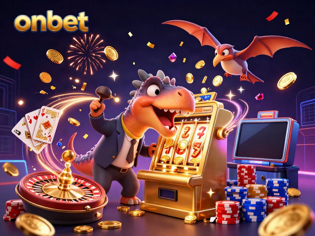 Experience the thrill of onbet as a pachycephalosaurus hits a slot machine for jackpot coins!