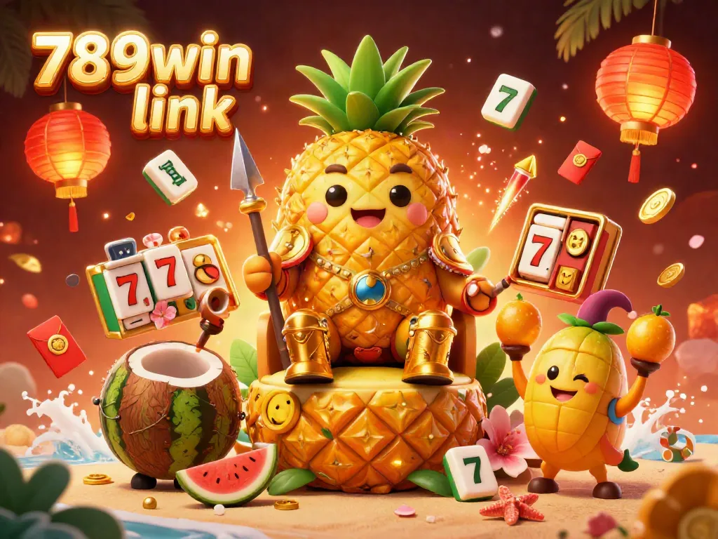 Engage in the vibrant casino experience with the 789win link, featuring a golden pineapple king and dynamic gaming elements.