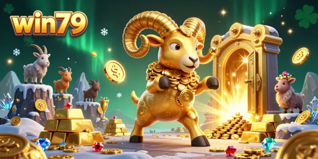 Engage in thrilling gameplay at win79 with vibrant treasures and an energetic golden ram charging towards fortune!