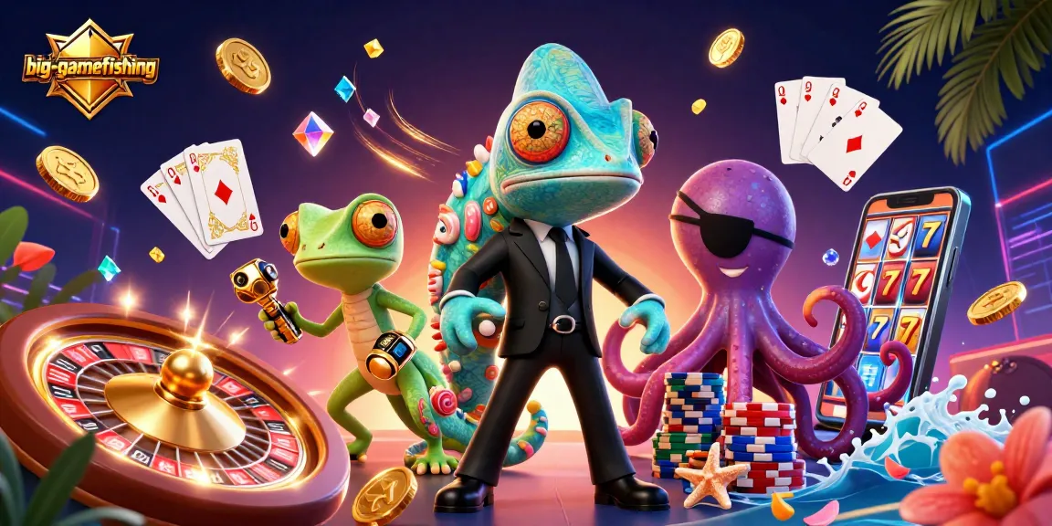Win exciting rewards in big-gamefishing with vibrant 3D casino elements and characters.