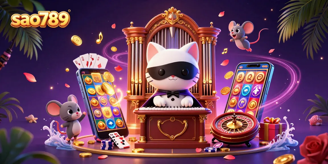 Sao789 engages players in a vibrant 3D casino experience featuring a charismatic half-mask cat and dynamic game elements.