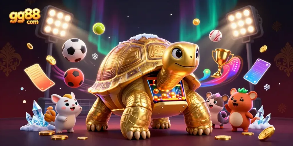 Experience thrilling gameplay at gg88 com with a lively golden tortoise pinball machine surrounded by sports elements.