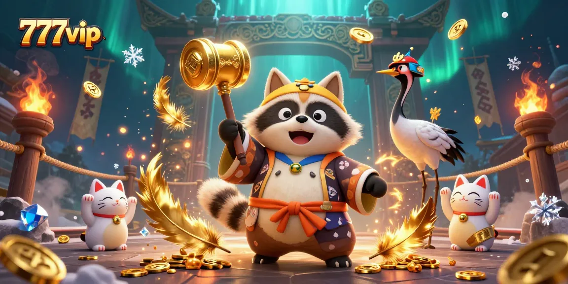 Enjoy thrilling games at 777vip, featuring a cheerful tanuki and lucky tokens in dynamic casino atmosphere.