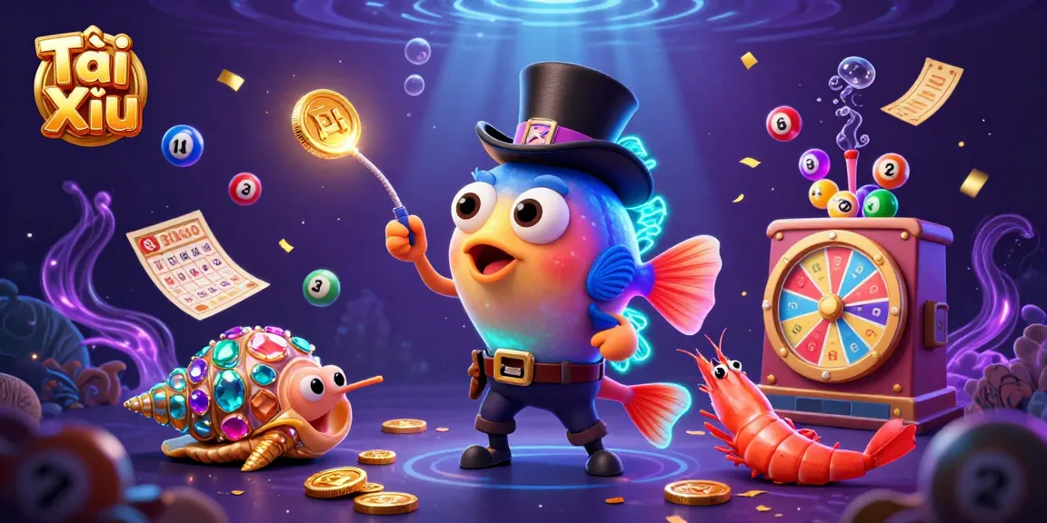 Tài Xỉu game illustration with a cartoon anglerfish, pirate shrimp, and treasure snail amidst vibrant casino elements