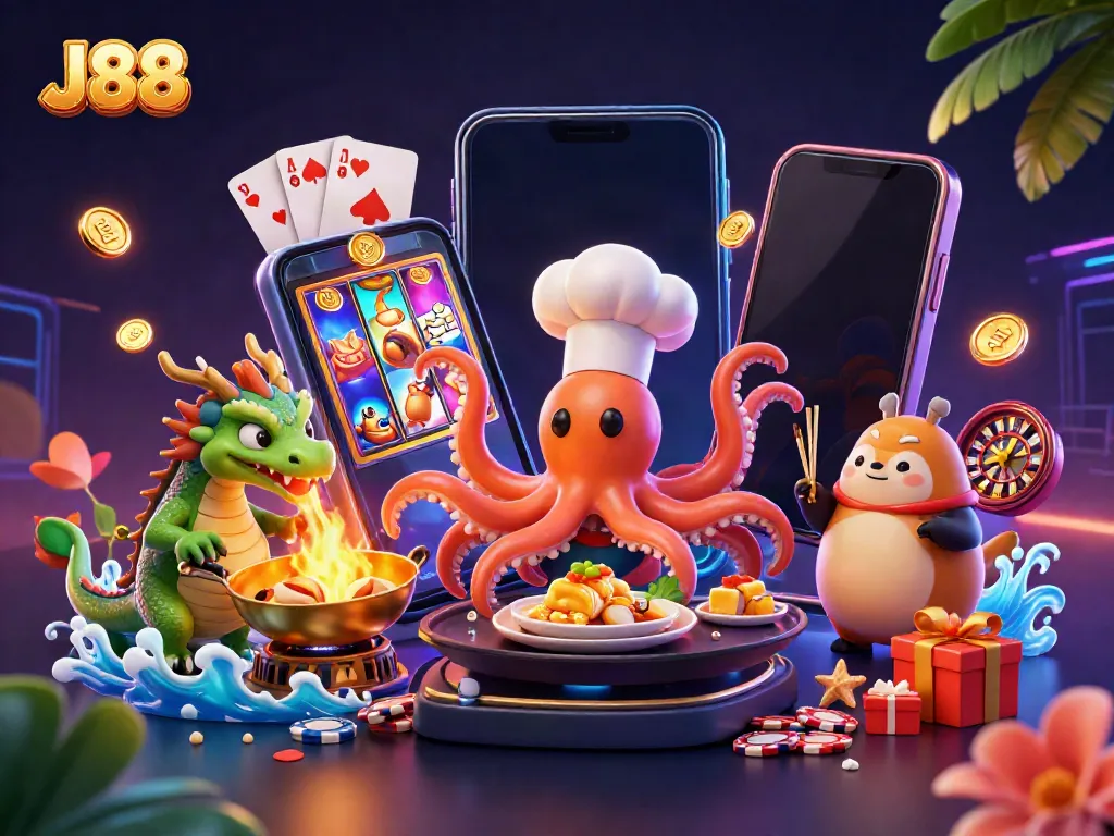 Experience the excitement at J88 with a vibrant, dynamic 3D illustration of characters engaging in various casino activities.