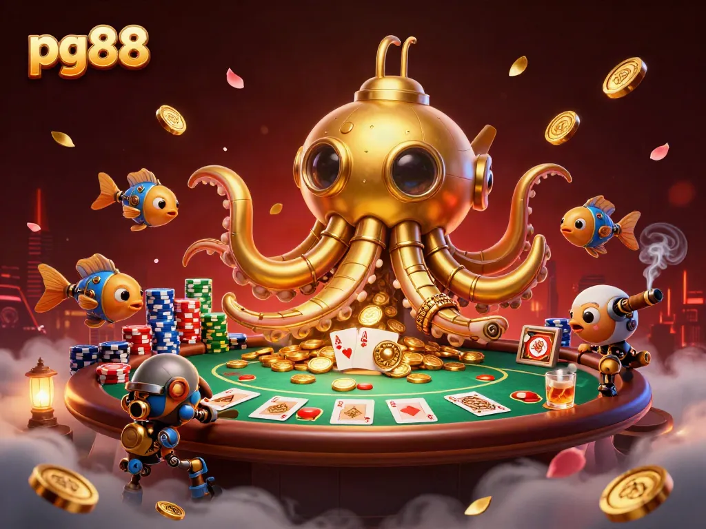 Win big with pg88 in a vibrant casino scene featuring golden kraken and poker elements.