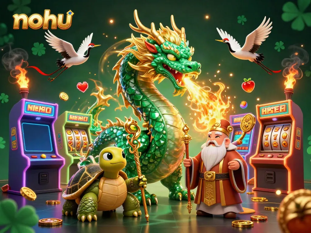 Engage with nohu's dynamic jackpot gaming scene featuring a jade dragon, lucky cranes, and vibrant arcade machines.