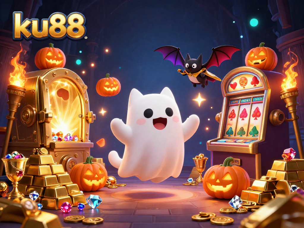 ku88 slots come alive with a friendly ghost cat, vampire bat, and glowing poker jack-o-lanterns.