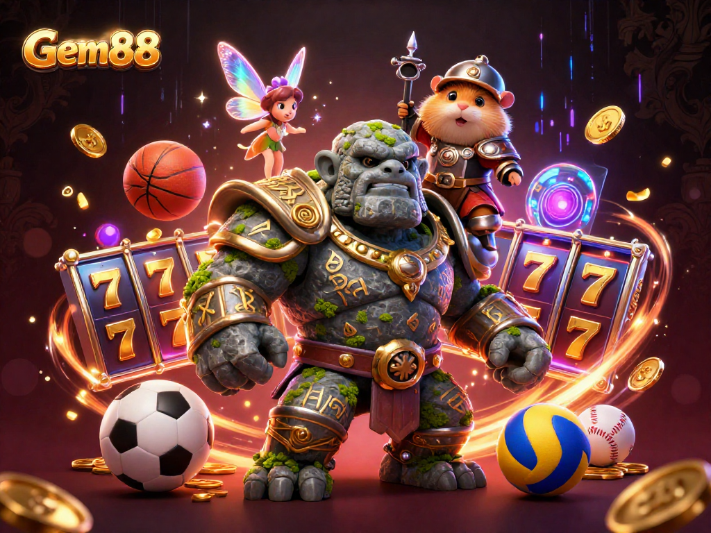 Gem88 captivates players with a vibrant 3D casino scene featuring magical characters and dynamic games.