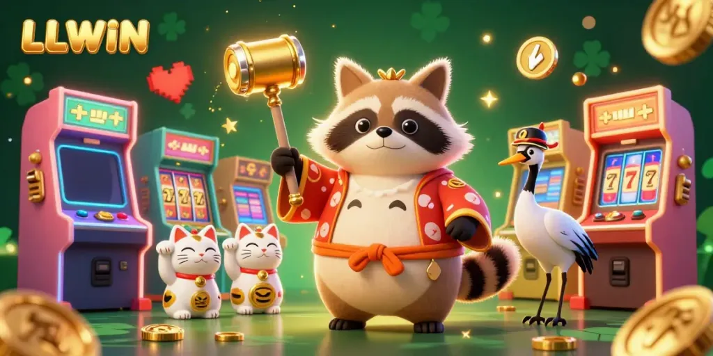 Experience the thrill of LLWIN's vibrant casino environment with cheerful characters and lucky symbols.