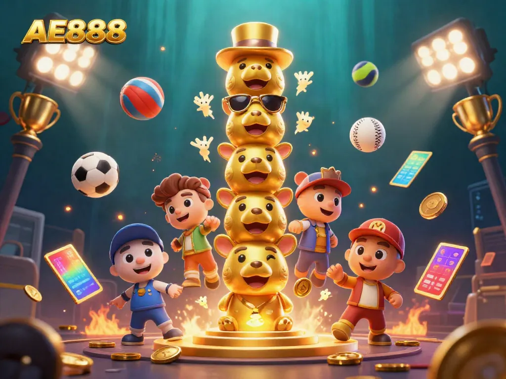 Win big with AE888: a vibrant 3D scene featuring a golden totem, sports balls, and a trophy.