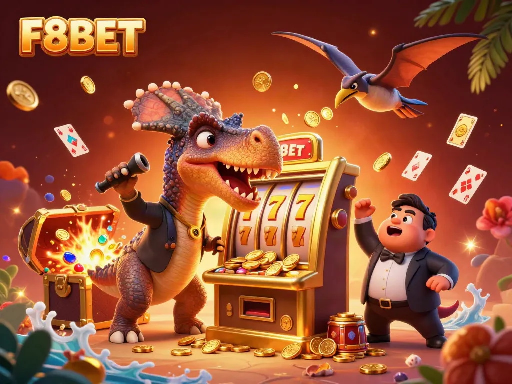 F8BET casino scene with a dinosaur themed slot machine, showcasing a jackpot win amidst gold coins and gaming elements.