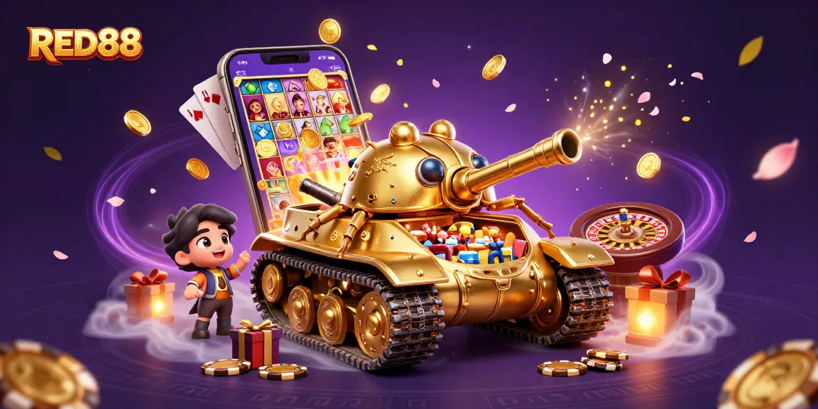 Experience the excitement of RED88 in a vibrant 3D illustration of a golden beetle tank casino adventure.