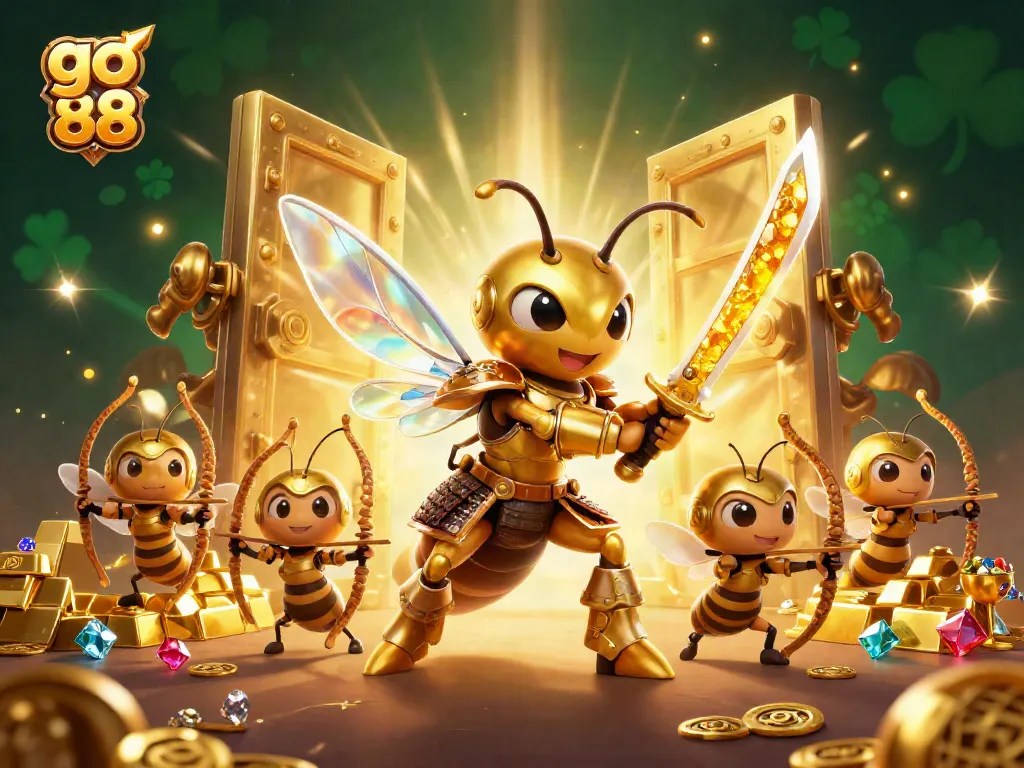 A vibrant go 88 casino scene featuring a samurai hornet and bee archers amidst gold treasures.