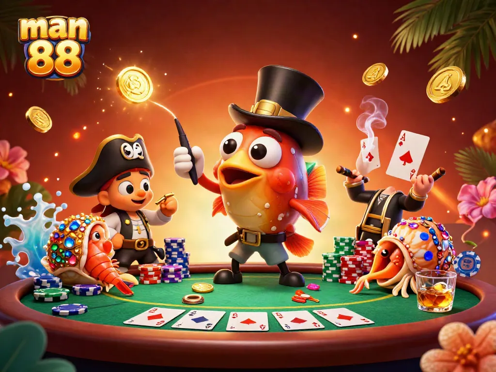 Capture exciting gameplay with man 88 in a vibrant casino scene featuring a glowing anglerfish and colorful poker elements.