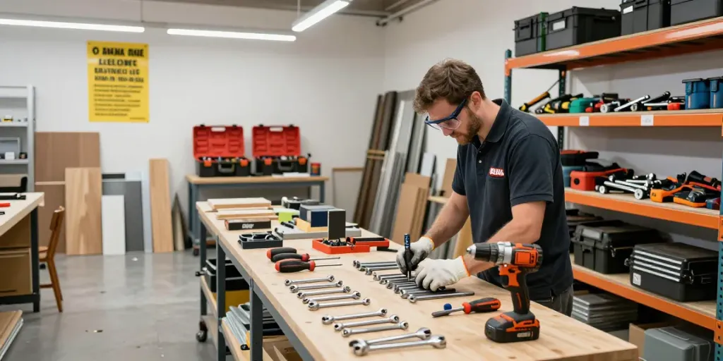 Technician organizing beta tools in a modern workshop, showcasing efficiency and organization.