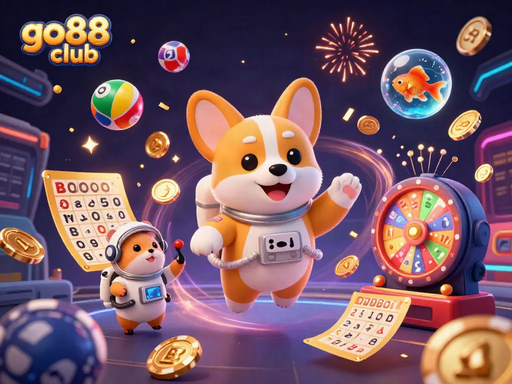 Experience fun at go88 club with floating casino characters, colorful lottery balls, and vibrant game elements.