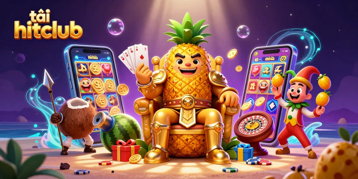 Experience the thrill of tải hitclub with a vibrant beach casino scene of the golden pineapple king and game elements.