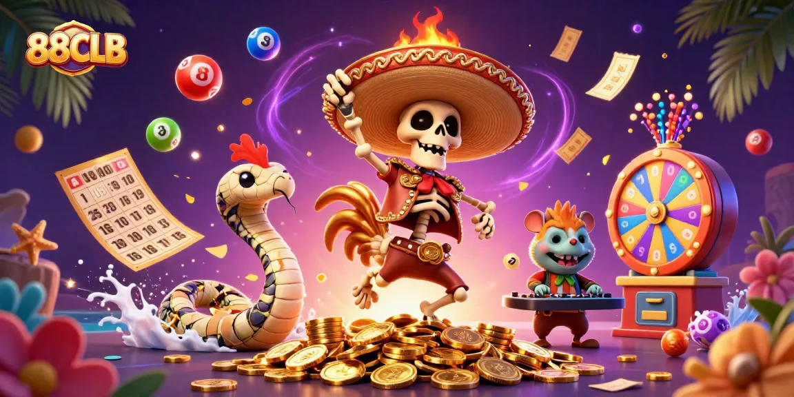 The vibrant 88CLB casino scene features a dancing skeleton rooster amidst colorful lottery elements, creating a festive atmosphere.