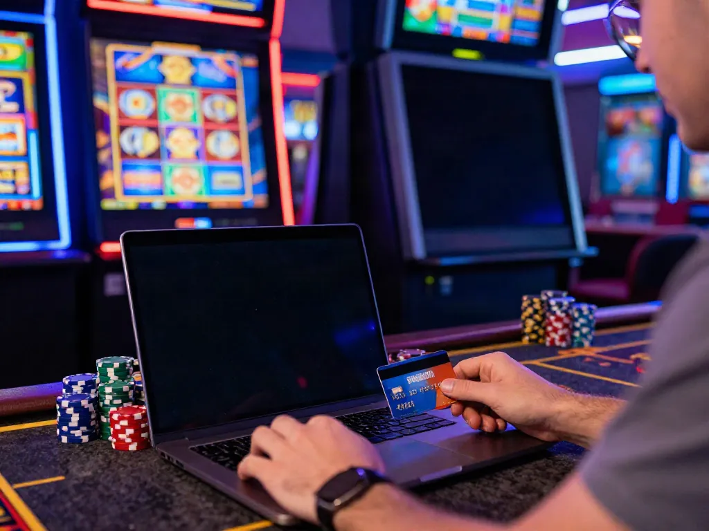 Player engaging with credit card casinos, vibrant gaming atmosphere, showcasing excitement.