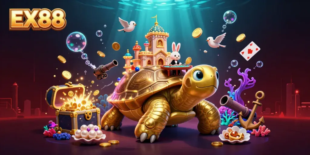 Experience thrilling victories with EX88 in this dazzling casino-themed 3D illustration.