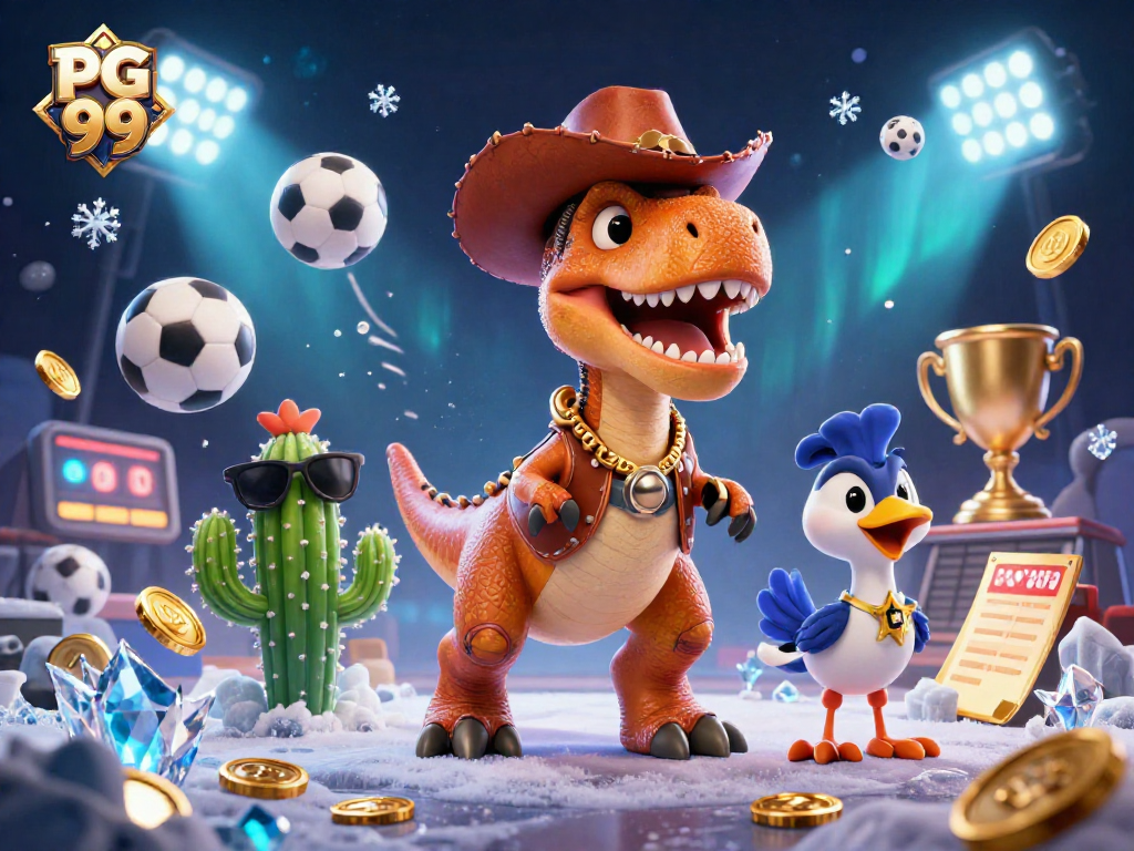 Win with PG 99: Dynamic 3D illustration featuring a T-Rex cowboy and vibrant sports elements.