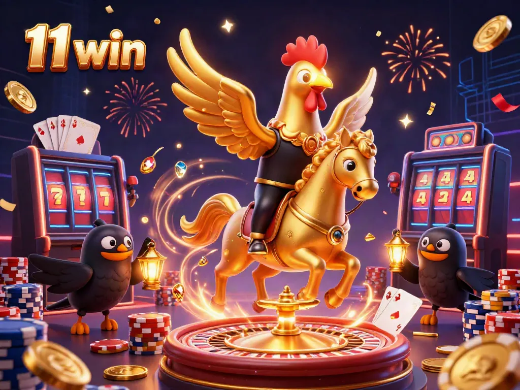 Winning at 11 win casino, a dynamic scene with golden rooster and gambling elements