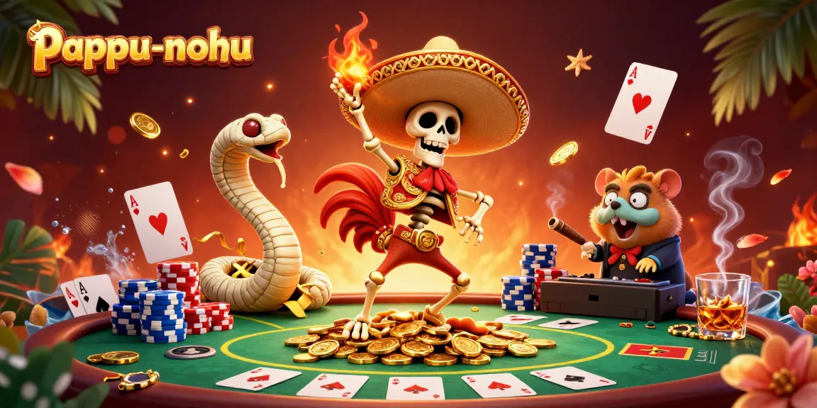 Pappu-nohu game scene featuring a cartoon mariachi rooster, mummy snake, and DJ hamster around a vibrant poker table