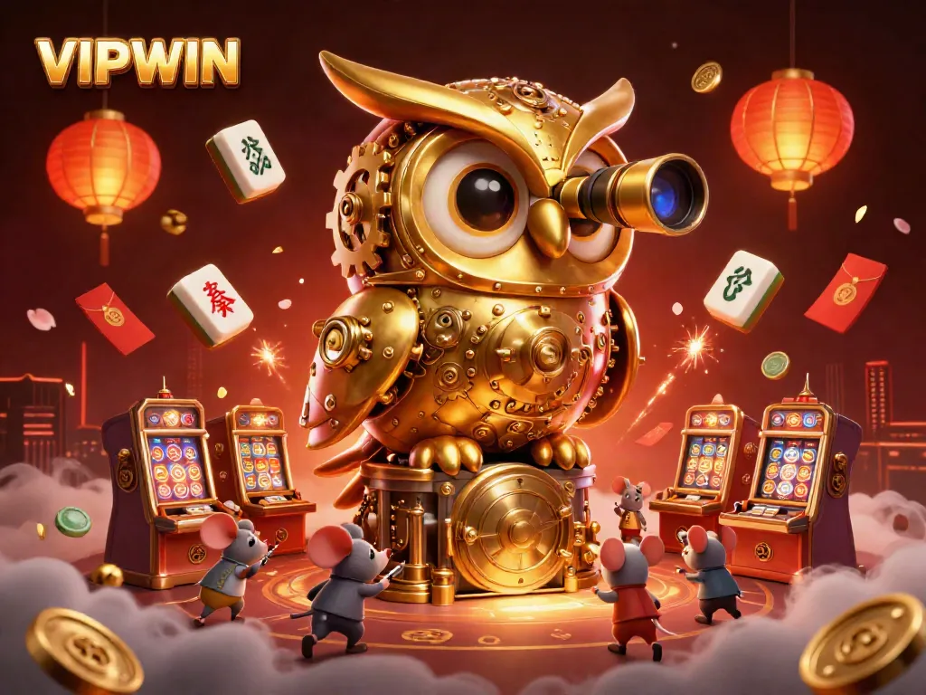 VIPWIN showcases a vibrant casino scene with a whimsical golden owl and wind-up mouse patrons enjoying gaming excitement.