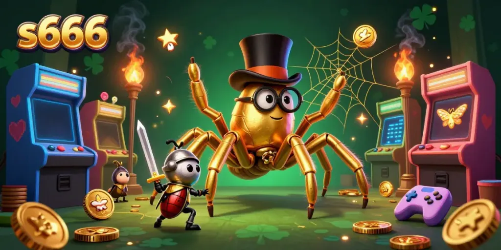 Explore the vibrant world of s666 as a golden tarantula weaves its web amidst colorful casino games.