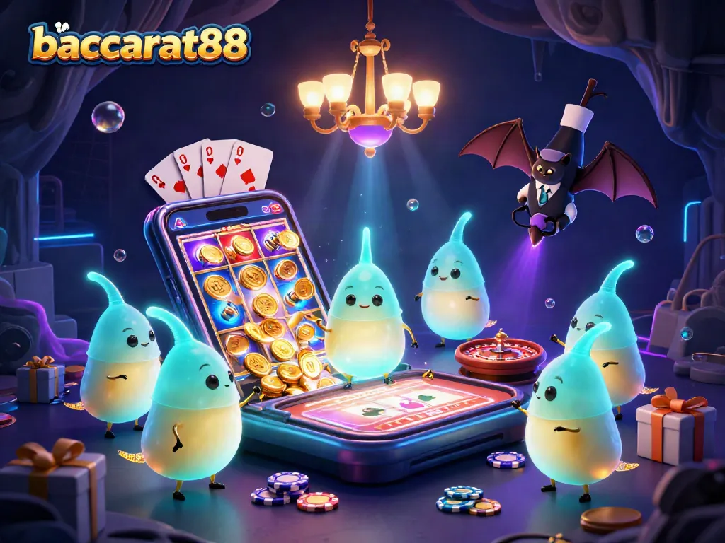 Experience baccarat88 with a vibrant casino scene featuring glowworms and game elements.