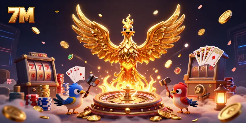 Immerse in 7M's dynamic world of online gaming with a golden phoenix, roulette, and poker elements.