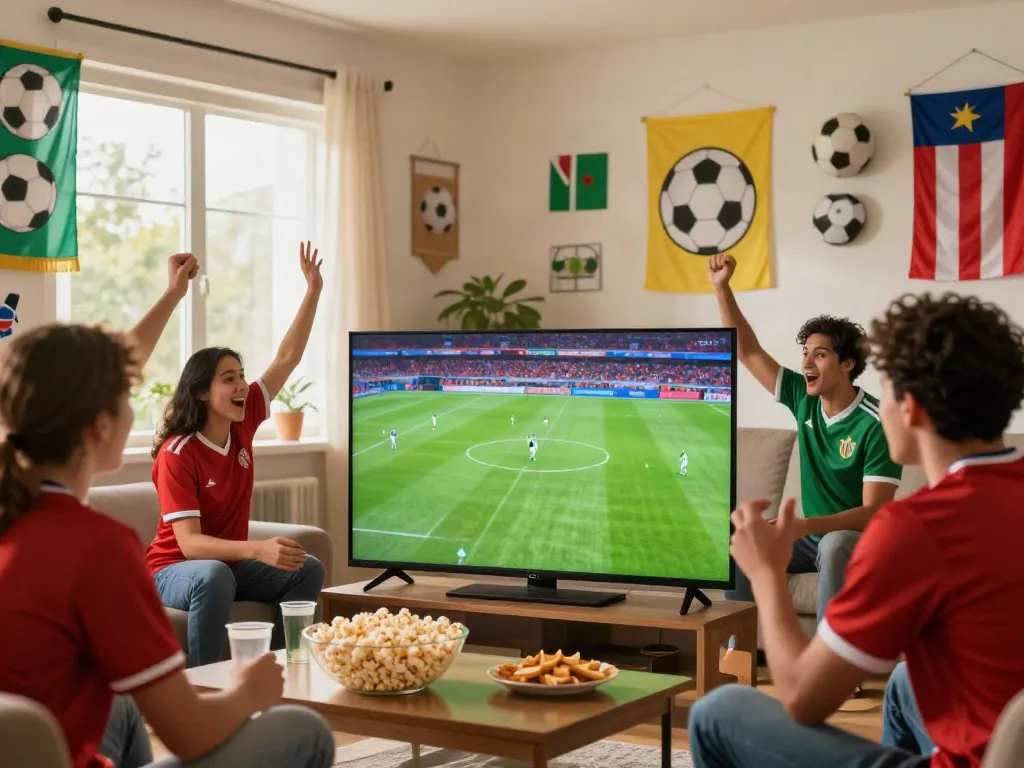 Xoilactv football viewing party in a lively living room with excited fans.