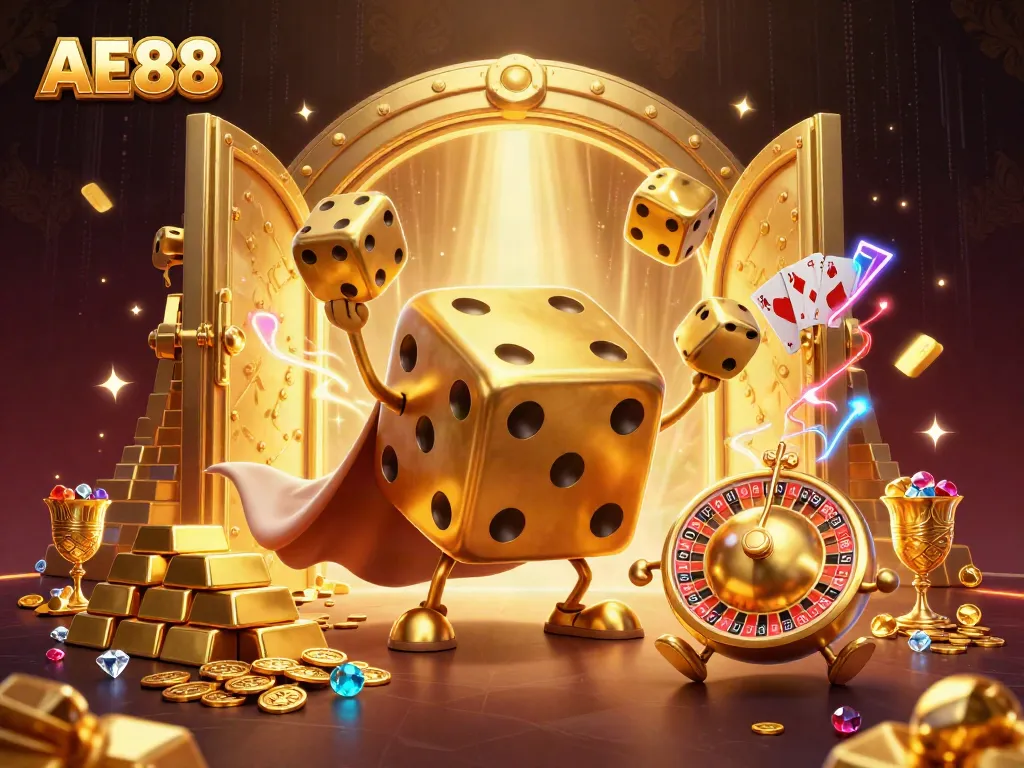 Experience the thrill of AE88 with golden dice and treasures in a dynamic casino scene.
