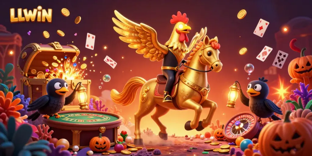 Experience thrilling gaming at LLWIN with a golden rooster riding through a lively casino