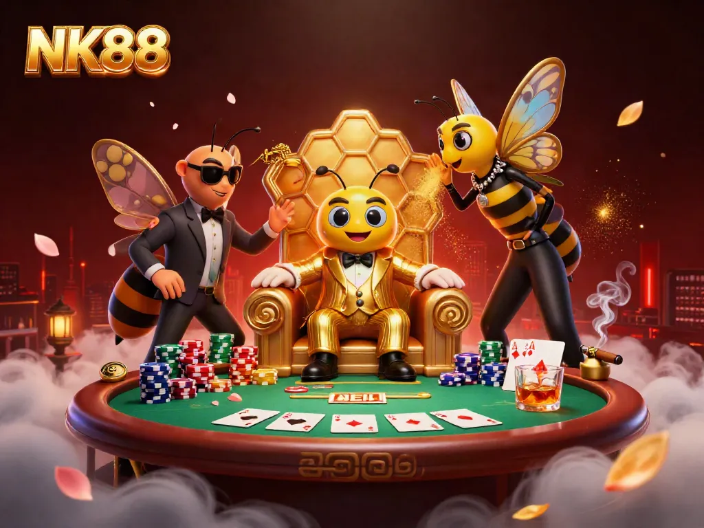 Engage in spirited poker action with NK88 at a dynamic casino scene featuring bumblebee mob boss and friendlies.