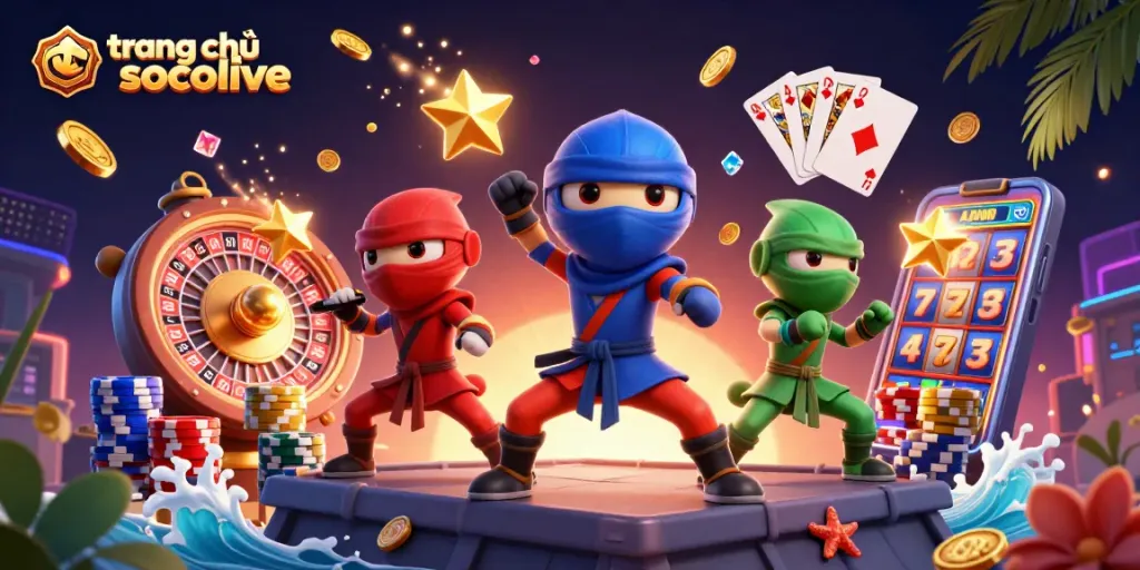 Experience gaming thrills on trang chủ socolive with vibrant chameleon ninjas and casino elements in action.
