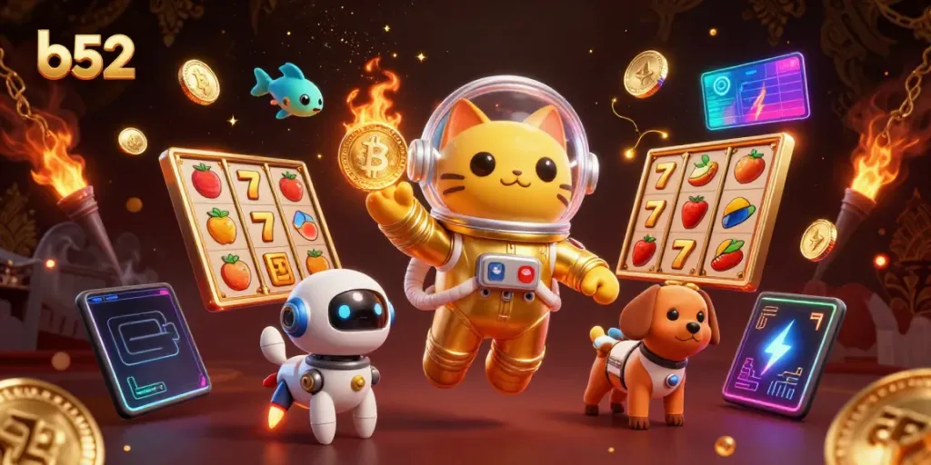Engage in the vibrant world of b52 gaming with a 3D cat astronaut amidst dynamic gaming elements.