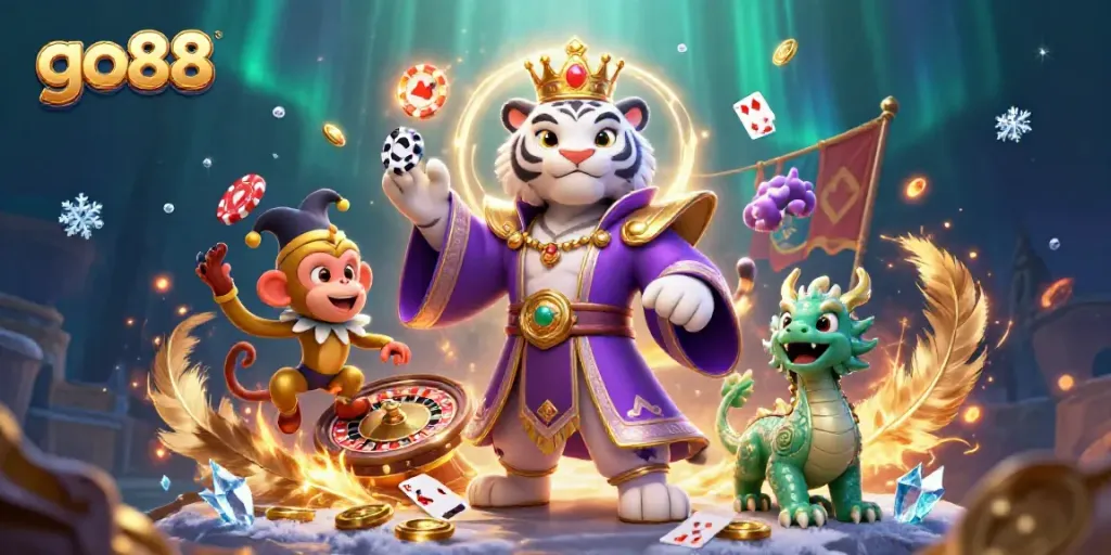 Experience the excitement of go88 casino gaming with a vibrant 3D illustration featuring a royal character and playful elements.