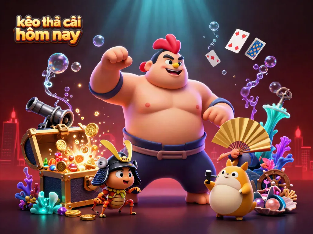 Engaging illustration representing kèo nhà cái hôm nay with sumo rooster, samurai cricket, and tanuki announcer.