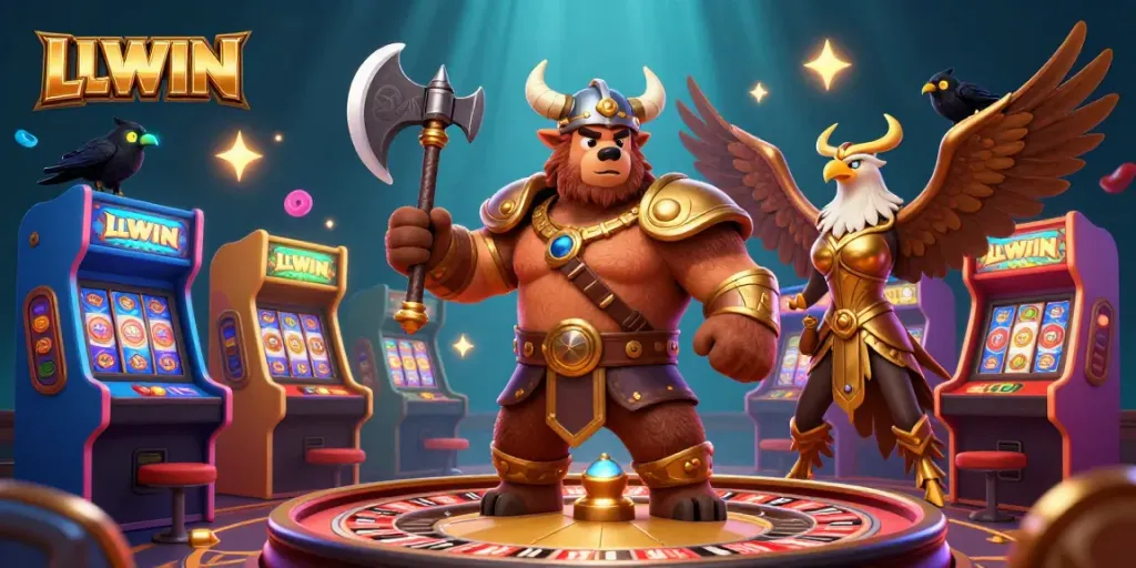 Engage with LLWIN's exhilarating casino experience, featuring vibrant slot machines, roulette elements, and dynamic 3D characters.